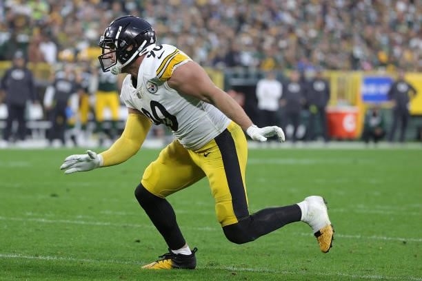 Watt of the Pittsburgh Steelers rushes the passer during a game against the Green Bay Packers at Lambeau Field on October 03, 2021 in Green Bay,...