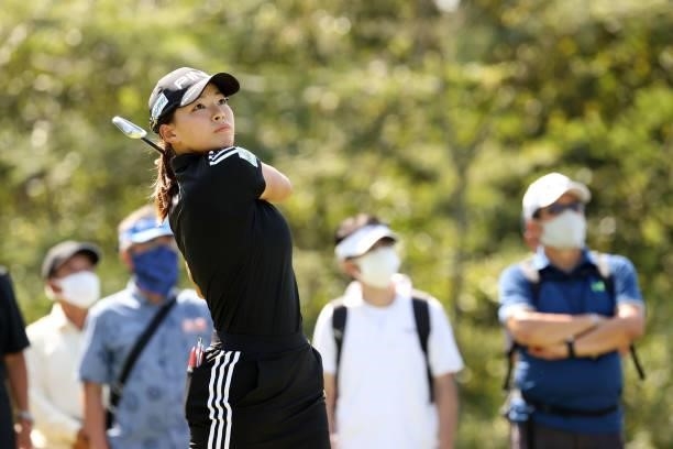 Hinako Shibuno of Japan hits her tee shot on the 4th hole during the final round of the 54th Japan Women's Open Golf Championship at Karasuyamajo...
