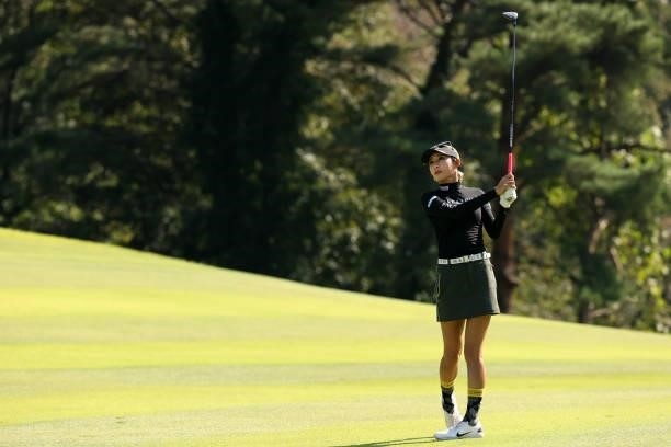 Kumiko Kaneda of Japan hits her second shot on the 6th hole during the final round of the 54th Japan Women's Open Golf Championship at Karasuyamajo...
