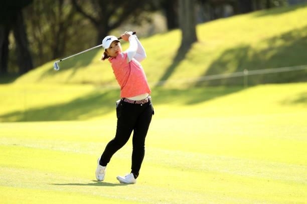 Mao Saigo of Japan hits her second shot on the 6th hole during the final round of the 54th Japan Women's Open Golf Championship at Karasuyamajo...