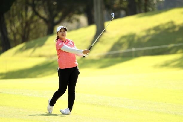 Mao Saigo of Japan hits her second shot on the 6th hole during the final round of the 54th Japan Women's Open Golf Championship at Karasuyamajo...