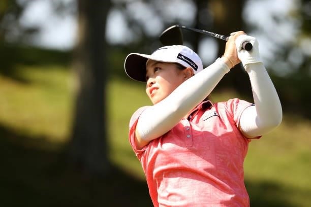 Mao Saigo of Japan hits her tee shot on the 7th hole during the final round of the 54th Japan Women's Open Golf Championship at Karasuyamajo Country...