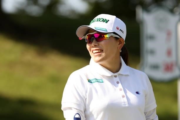 Minami Katsu of Japan smiles on the 7th tee during the final round of the 54th Japan Women's Open Golf Championship at Karasuyamajo Country Club on...