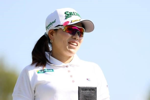 Minami Katsu of Japan smiles on the 8th tee during the final round of the 54th Japan Women's Open Golf Championship at Karasuyamajo Country Club on...