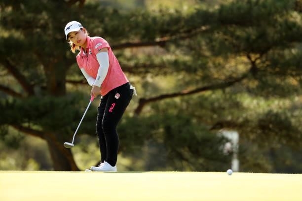 Mao Saigo of Japan attempts a putt on the 8th green during the final round of the 54th Japan Women's Open Golf Championship at Karasuyamajo Country...