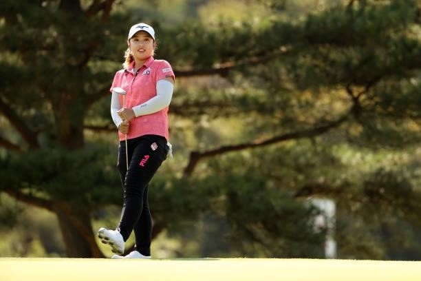 Mao Saigo of Japan reacts after a putt on the 8th green during the final round of the 54th Japan Women's Open Golf Championship at Karasuyamajo...