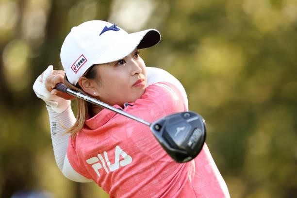 Mao Saigo of Japan hits her tee shot on the 14th hole during the final round of the 54th Japan Women's Open Golf Championship at Karasuyamajo Country...