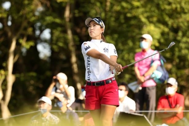 Momoko Ueda of Japan hits her tee shot on the 16th hole during the final round of the 54th Japan Women's Open Golf Championship at Karasuyamajo...
