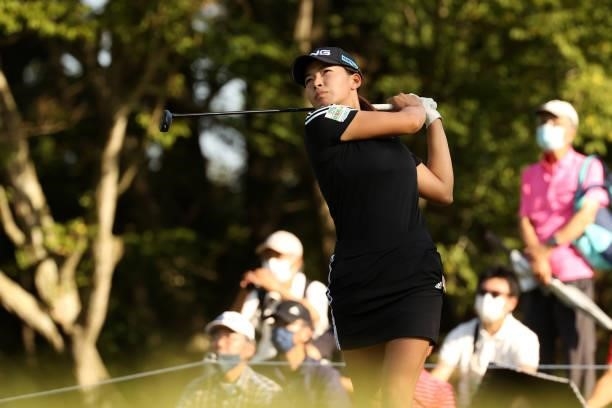 Hinako Shibuno of Japan hits her tee shot on the 16th hole during the final round of the 54th Japan Women's Open Golf Championship at Karasuyamajo...