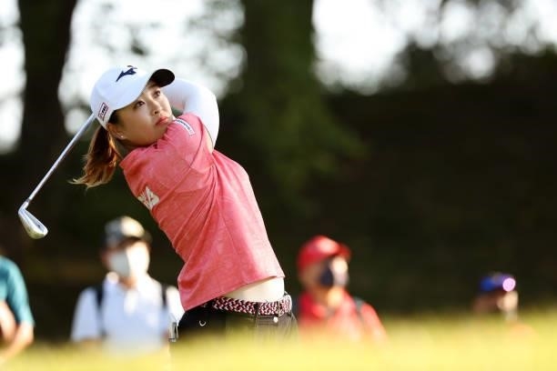 Mao Saigo of Japan hits her tee shot on the 16th hole during the final round of the 54th Japan Women's Open Golf Championship at Karasuyamajo Country...