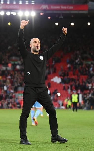 Pep Guardiola, Manager of Manchester City acknowledges the crowd after the Premier League match between Liverpool and Manchester City at Anfield on...
