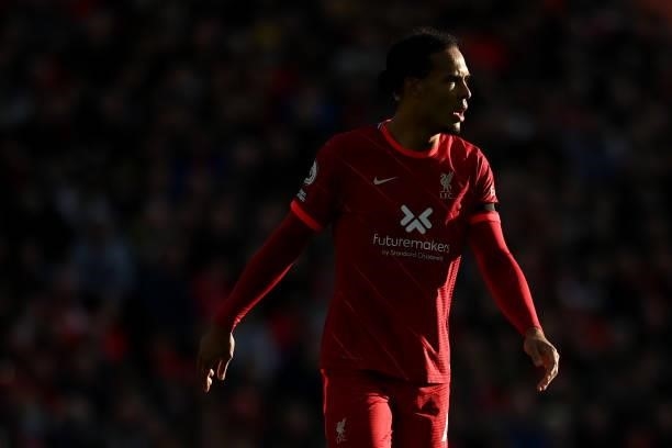 Virgil van Dijk of Liverpool looks on during the Premier League match between Liverpool and Manchester City at Anfield on October 03, 2021 in...