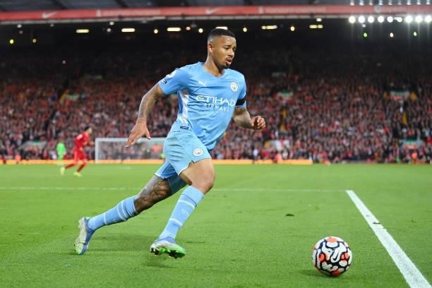 Gabriel Jesus of Man City in action during the Premier League match between Liverpool and Manchester City at Anfield on October 03, 2021 in...