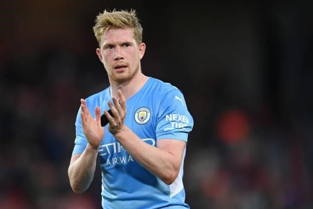 Kevin De Bruyne of Manchester City looks on during the Premier League match between Liverpool and Manchester City at Anfield on October 03, 2021 in...