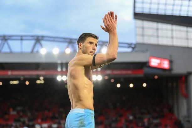 Ruben Dias of Manchester City looks on after the Premier League match between Liverpool and Manchester City at Anfield on October 03, 2021 in...