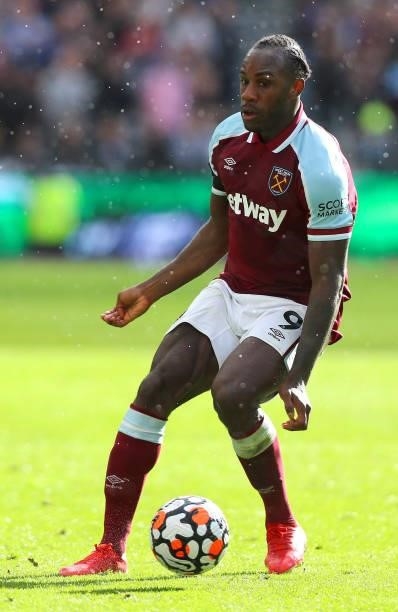 Michail Antonio of West Ham United during the Premier League match between West Ham United and Brentford at London Stadium on October 03, 2021 in...