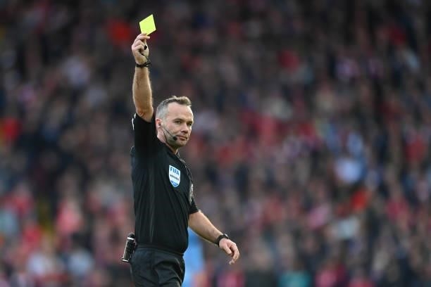 Referee Paul Tierney during the Premier League match between Liverpool and Manchester City at Anfield on October 03, 2021 in Liverpool, England.