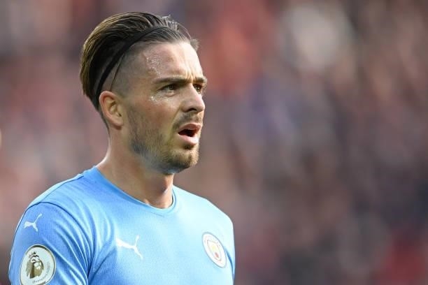 Jack Grealish of Manchester City looks on during the Premier League match between Liverpool and Manchester City at Anfield on October 03, 2021 in...