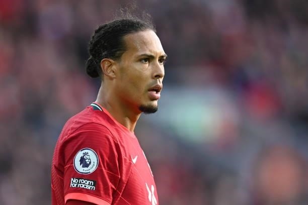 Virgil van Dijk of Liverpool in action during the Premier League match between Liverpool and Manchester City at Anfield on October 03, 2021 in...