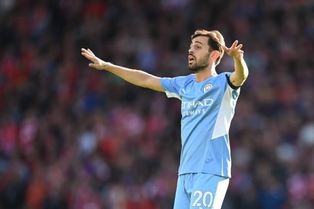 Bernardo Silva of Manchester City looks on during the Premier League match between Liverpool and Manchester City at Anfield on October 03, 2021 in...