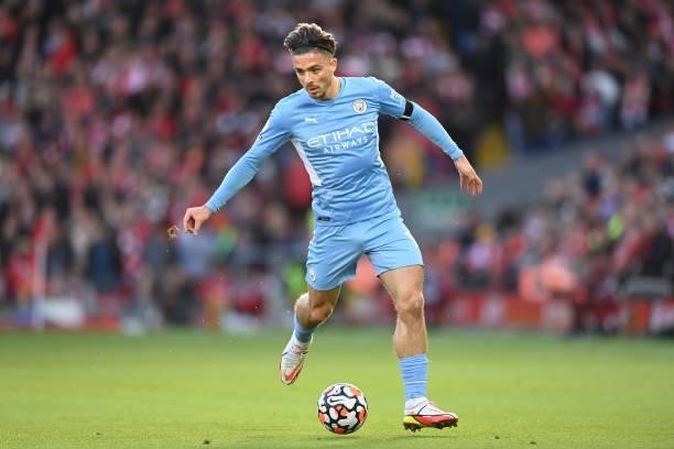 Jack Grealish of Manchester City in action during the Premier League match between Liverpool and Manchester City at Anfield on October 03, 2021 in...