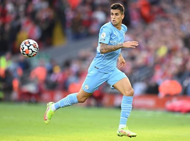 Joao Cancelo of Manchester City in action during the Premier League match between Liverpool and Manchester City at Anfield on October 03, 2021 in...