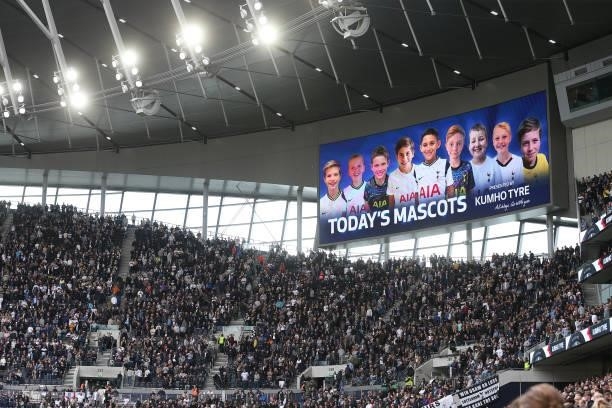 Mascots are shown on the big screen during the Premier League match between Tottenham Hotspur and Aston Villa at Tottenham Hotspur Stadium on October...
