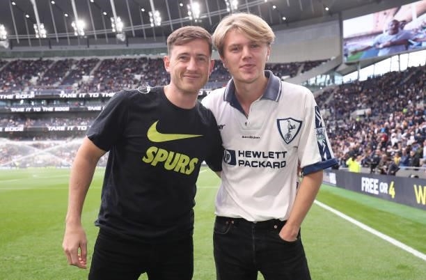 Georgie Smith, singer with New Hope Club, poses for a photo with N17 Live presenter Ben Haines during the Premier League match between Tottenham...