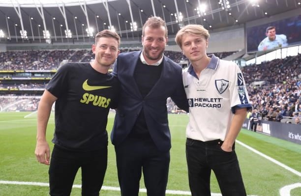 Georgie Smith, singer with New Hope Club, poses for a photo with N17 Live presenter Ben Haines and former Tottenham Hotspur player Rafael Van Der...