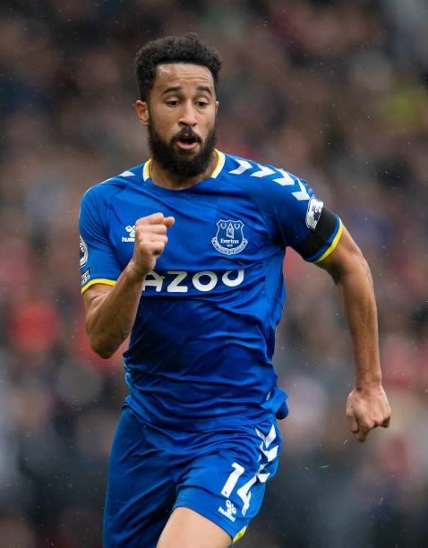 Andros Townsend of Everton during the Premier League match between Manchester United and Everton at Old Trafford on October 02, 2021 in Manchester,...