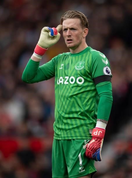 Jordan Pickford of Everton during the Premier League match between Manchester United and Everton at Old Trafford on October 02, 2021 in Manchester,...