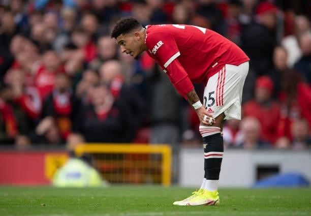 Jadon Sancho of Manchester United during the Premier League match between Manchester United and Everton at Old Trafford on October 02, 2021 in...