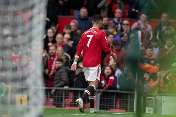 Cristiano Ronaldo of Manchester United walks straight off the pitch at the end of the Premier League match between Manchester United and Everton at...