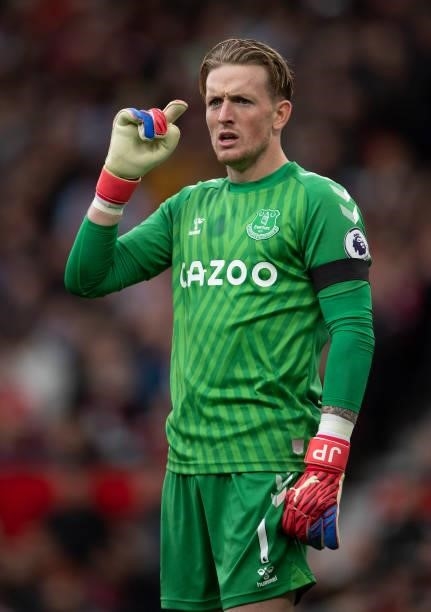 Jordan Pickford of Everton during the Premier League match between Manchester United and Everton at Old Trafford on October 02, 2021 in Manchester,...
