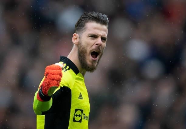 David de Gea of Manchester United celebrates Utd's goal during the Premier League match between Manchester United and Everton at Old Trafford on...