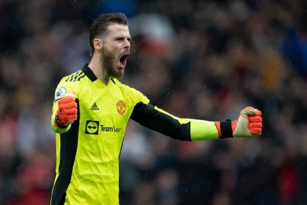David de Gea of Manchester United celebrates Utd's goal during the Premier League match between Manchester United and Everton at Old Trafford on...