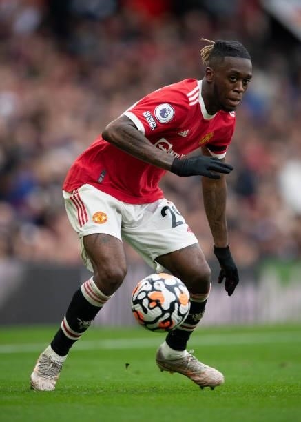 Aaron Wan-Bissaka of Manchester United during the Premier League match between Manchester United and Everton at Old Trafford on October 02, 2021 in...
