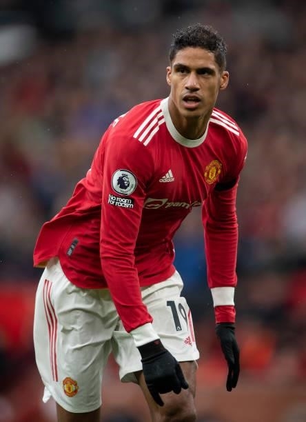 Raphaël Varane of Manchester United during the Premier League match between Manchester United and Everton at Old Trafford on October 02, 2021 in...