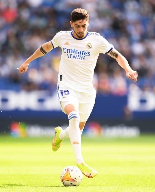 Federico Valverde of Real Madrid CF runs with the ball during the La Liga Santander match between RCD Espanyol and Real Madrid CF at RCDE Stadium on...