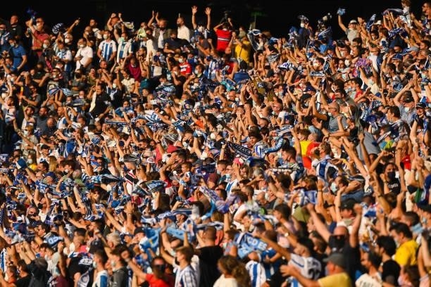 Espanyol fans enjoy the atmosphere during the La Liga Santander match between RCD Espanyol and Real Madrid CF at RCDE Stadium on October 03, 2021 in...