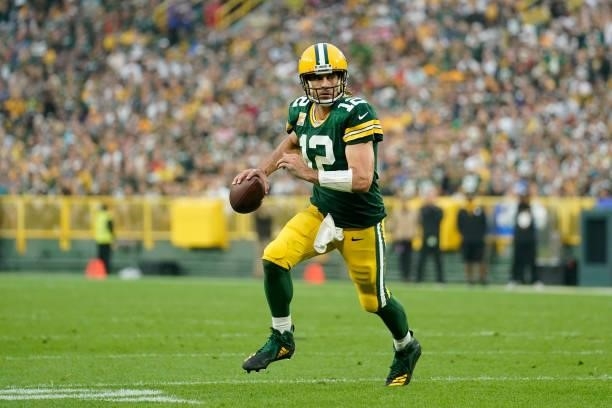 Aaron Rodgers of the Green Bay Packers looks to throw the ball during the fourth quarter against the Pittsburgh Steelers at Lambeau Field on October...
