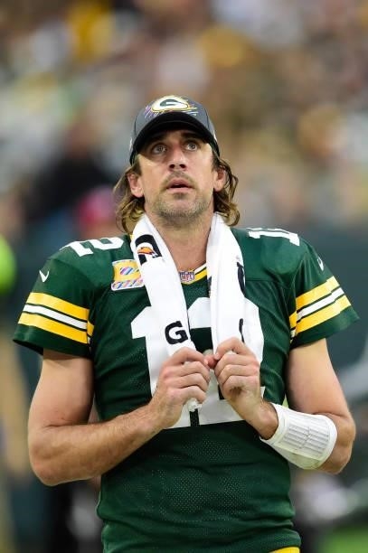 Aaron Rodgers of the Green Bay Packers looks on from the sideline in the third quarter against the Pittsburgh Steelers at Lambeau Field on October...