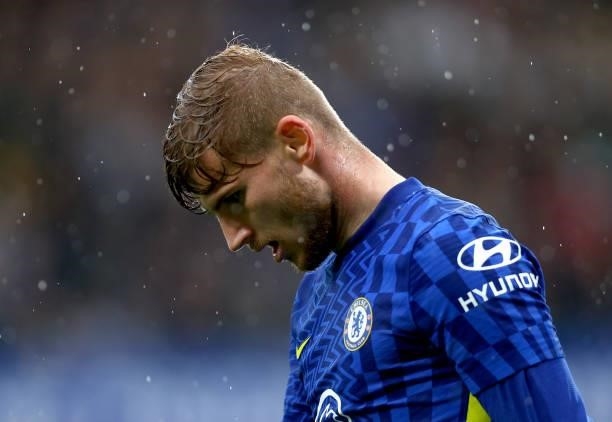 Timo Werner of Chelsea reacts during the Premier League match between Chelsea and Southampton at Stamford Bridge on October 02, 2021 in London,...