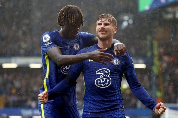 Timo Werner celebrates with Trevoh Chalobah of Chelsea a goal that is later disallowed by VAR during the Premier League match between Chelsea and...