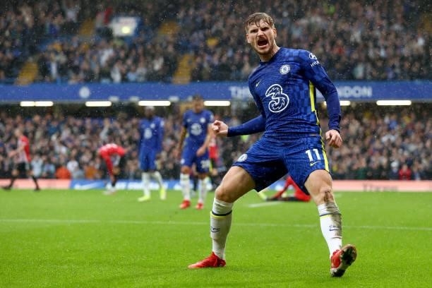 Timo Werner of Chelsea celebrates a goal that is later disallowed by VAR during the Premier League match between Chelsea and Southampton at Stamford...