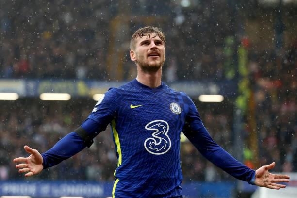Timo Werner of Chelsea celebrates a goal that is later disallowed by VAR during the Premier League match between Chelsea and Southampton at Stamford...