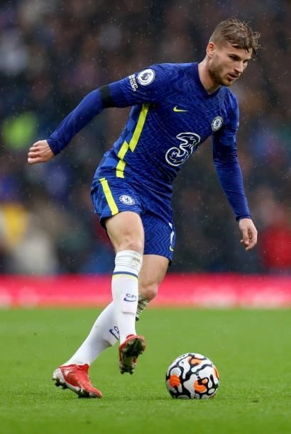 Timo Werner of Chelsea in action during the Premier League match between Chelsea and Southampton at Stamford Bridge on October 02, 2021 in London,...