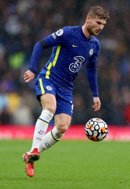 Timo Werner of Chelsea in action during the Premier League match between Chelsea and Southampton at Stamford Bridge on October 02, 2021 in London,...