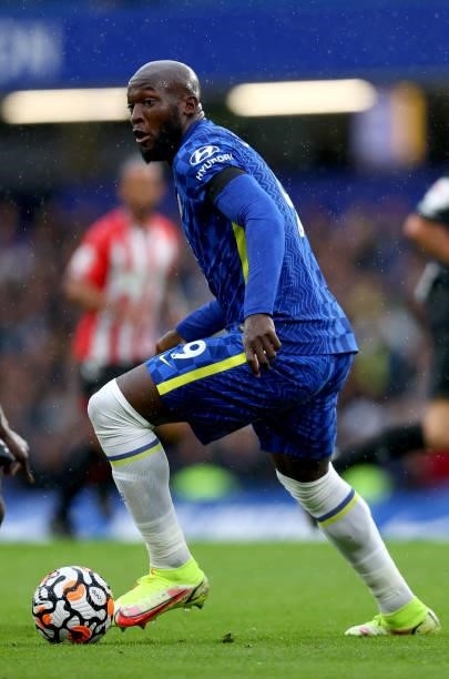 Romelu Lukaku of Chelsea in action during the Premier League match between Chelsea and Southampton at Stamford Bridge on October 02, 2021 in London,...
