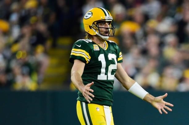 Aaron Rodgers of the Green Bay Packers reacts after an incomplete pass on a fourth down play during the fourth quarter against the Pittsburgh...